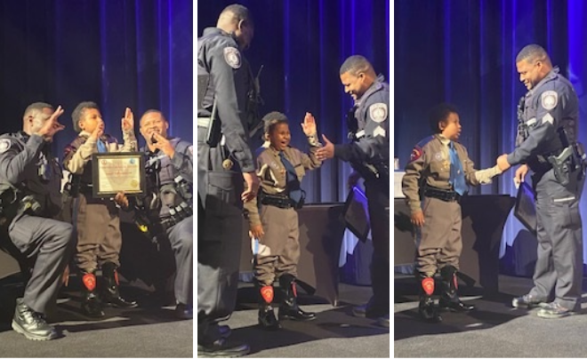 Three-image collage with Sargent Ryan Ladson, Officer Lenard Thomas and DJ Daniel at the swearing in ceremony