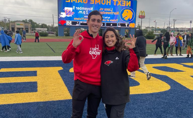 Lauren Mancha (left) and Lars Willems (right) on a football field