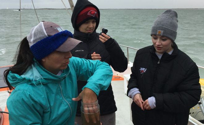 Three women on research boat